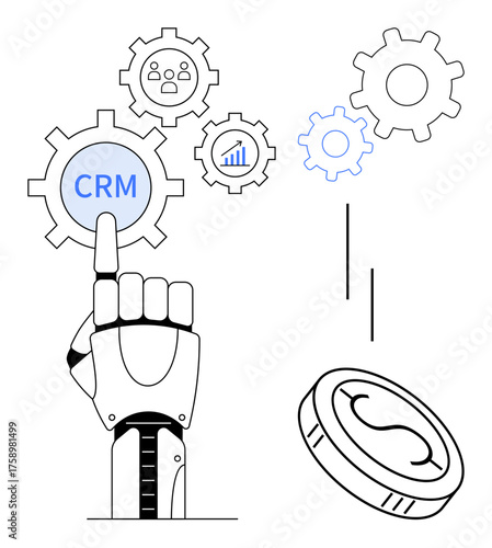Robotic hand activating CRM gear surrounded by business and data icons. Ideal for automation, technology, CRM implementation, robotics, business strategy, artificial intelligence, simple flat