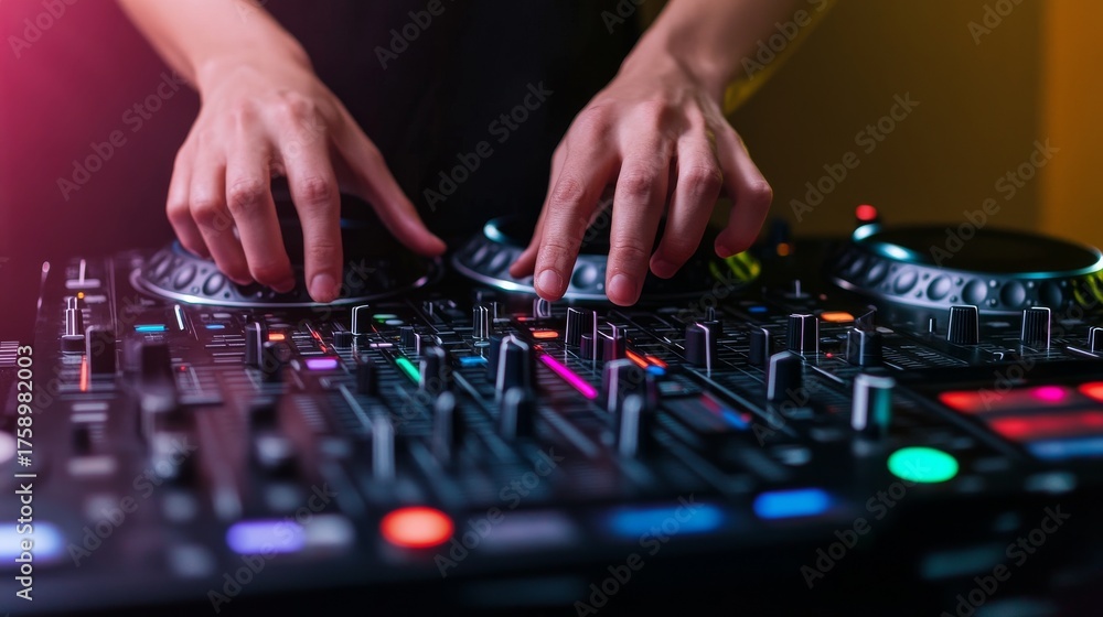 Fototapeta premium Hands on Deck Close-up of DJ mixing console with vibrant lights ,DJ ,Music