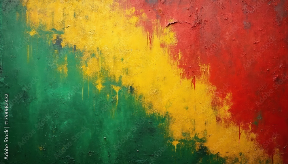 Fototapeta premium Abstract artwork featuring green yellow and red color splashes. Textured paint background with grunge effect creates dynamic feel. Ideal for design needs or artistic concepts.