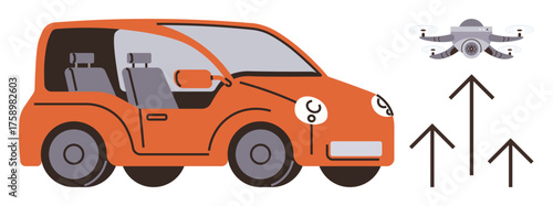 Autonomous orange car with futuristic design and flying quadcopter alongside upward arrows. Ideal for technology, innovation, mobility, automation, transportation, sustainability, future concepts