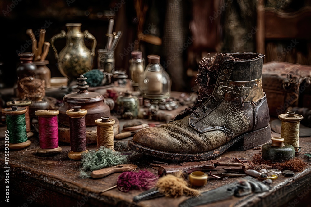 Fototapeta premium Still life of a leather workbench showing a worn boot, spools of thread, wax, and traditional shoemaking tools in a cluttered workshop.