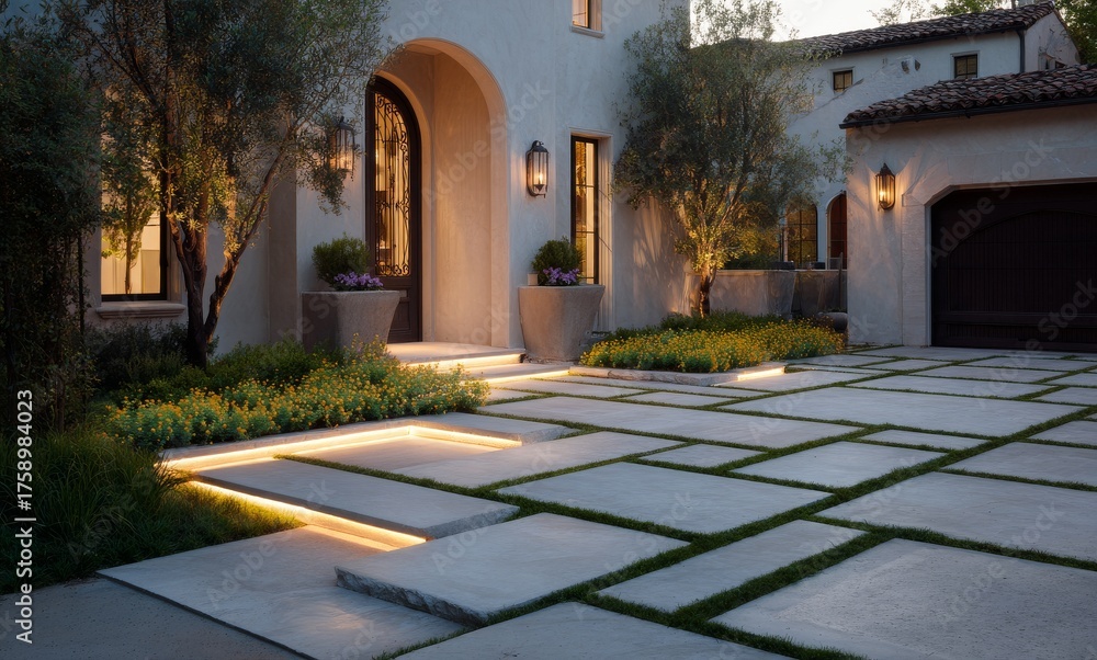 Fototapeta premium Modern Courtyard With Elegant Lighting and Landscaped Garden at Dusk