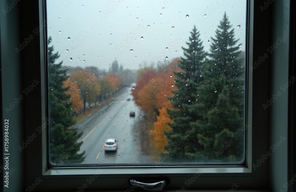 Obraz premium View from a window on a rainy day. Wet road with cars and trees with autumn foliage outside. Water drops on glass. Trees with orange and green leaves. Grey sky.