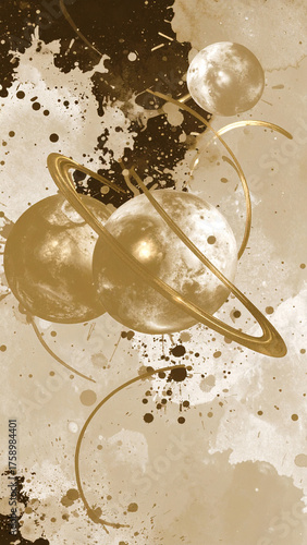 Liquid Glass Planet with Floating Golden Rings. Vertical Astral Space Background. Generated Image