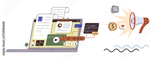 Laptop with text documents, charts, code, multimedia tools, megaphone emitting marketing icons thumbs up heart, dollar, percentage, and analytics. Ideal for content creation marketing web design