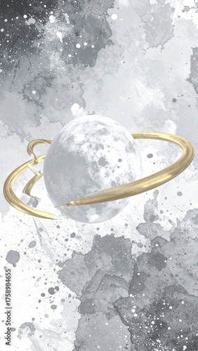 Liquid Glass Planet with Floating Golden Rings. Vertical Astral Space Background. Generated Image