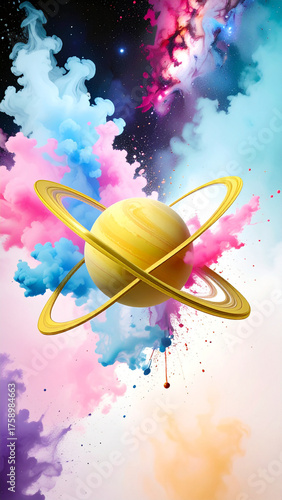 Liquid Glass Planet with Floating Golden Rings. Vertical Astral Space Background. Generated Image