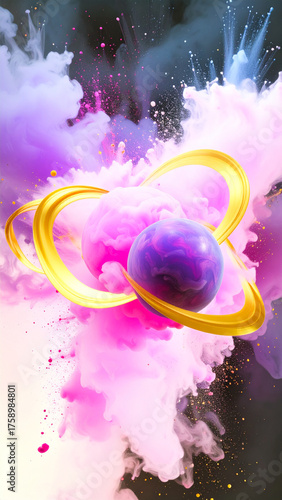 Liquid Glass Planet with Floating Golden Rings. Vertical Astral Space Background. Generated Image