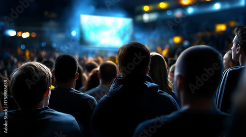 Faceless crowd of football supporters seen from behind, silhouettes illuminated by screen glow during goal moment, with copy space.