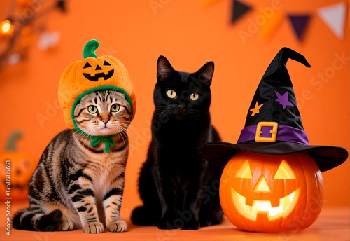 halloween background with pumpkin and cat