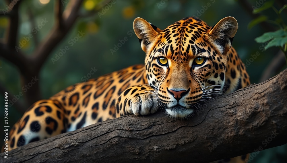 Obraz premium Magnificent leopard rests on tree branch. Beautiful wild cat looks at viewer. Stunning animal with spotted fur in natural habitat. Exotic wildlife portrait in jungle.