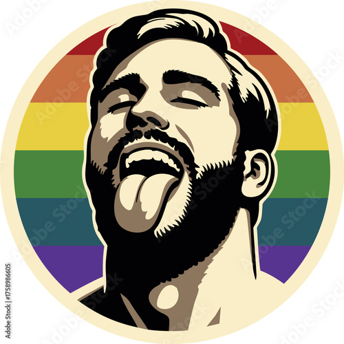 Cool bearded gay guy with open mouth and tongue out. Round graphic rainbow LGBTQ symbol (vector)