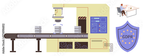 Automated machine processing data blocks, security shield labeled GDPR, and analyst reviewing data. Ideal for data handling, compliance, automation, privacy, cybersecurity, legal tech business