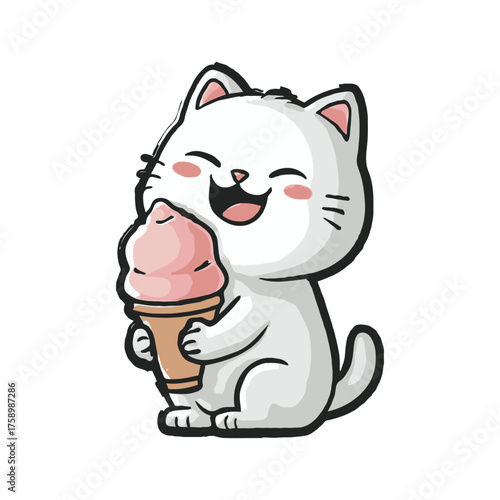 Adorable cartoon-style white kitten with pink cheeks holding ice cream, cheerful expression, isolated on white background, symbol of joy