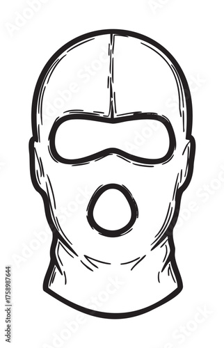 Black outline drawing of a balaclava with prominent eye and mouth openings, commonly associated with winter sports or security purposes.