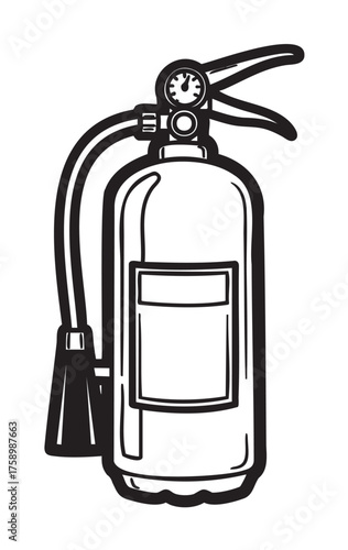 Black and white illustration of a fire extinguisher with a pressure gauge and hose, suitable for safety and emergency concept designs.