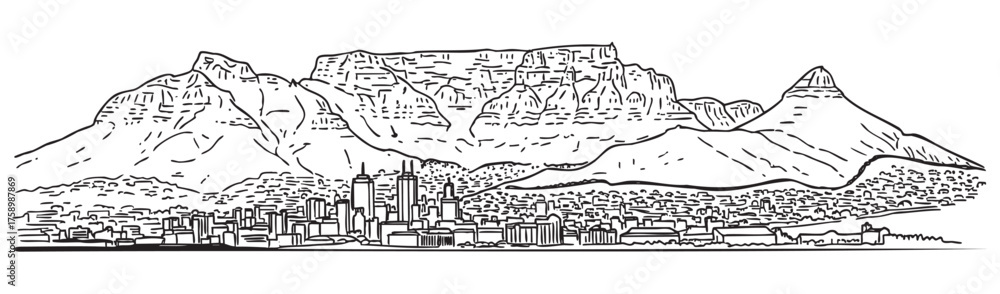 Fototapeta premium Black outline illustration of a sprawling city skyline with tall buildings in front of a prominent mountain range.