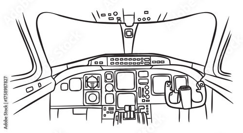 Black outline drawing of an airplane cockpit featuring detailed control panels, screens, and dual yokes for piloting operations.