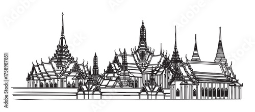 Intricate black outline drawing of traditional thai temple architecture, featuring ornate spires and detailed roof structures.