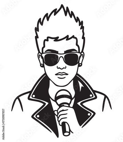 Black and white line drawing of a male singer with spiky hair, sunglasses, and a leather jacket, holding a microphone.