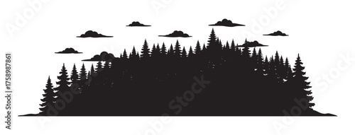 Silhouette of dense pine forest with scattered clouds above, creating a serene and natural landscape scene.