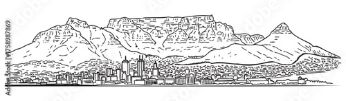 Black outline illustration of a sprawling city skyline with tall buildings in front of a prominent mountain range.