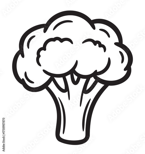 Black outline vector icon of a broccoli head with distinct florets and a thick stem, representing healthy eating and vegetable concepts.