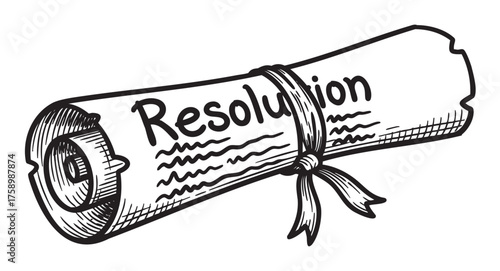 Hand-drawn black outline of a rolled parchment tied with a ribbon, featuring the word "resolution" prominently displayed on its surface.