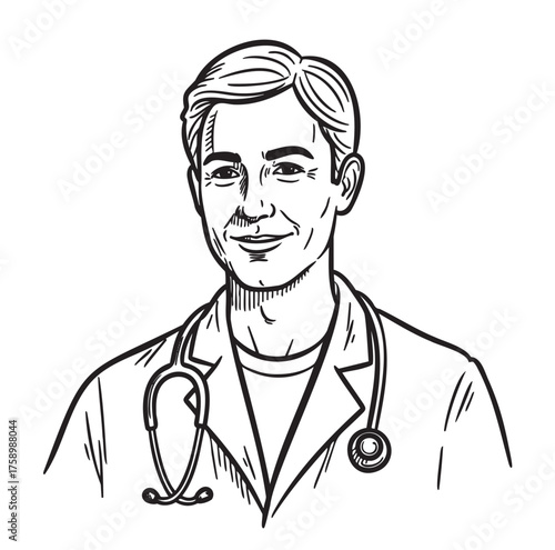 Black outline drawing of a smiling male doctor with short hair in a lab coat and stethoscope, capturing a professional and friendly demeanor.