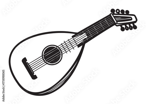 Black outline of a classic mandolin with detailed strings and tuning pegs in a minimal linear style.
