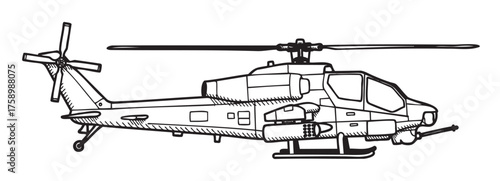 Black outline drawing of a detailed military attack helicopter with visible rotor blades and weaponry.