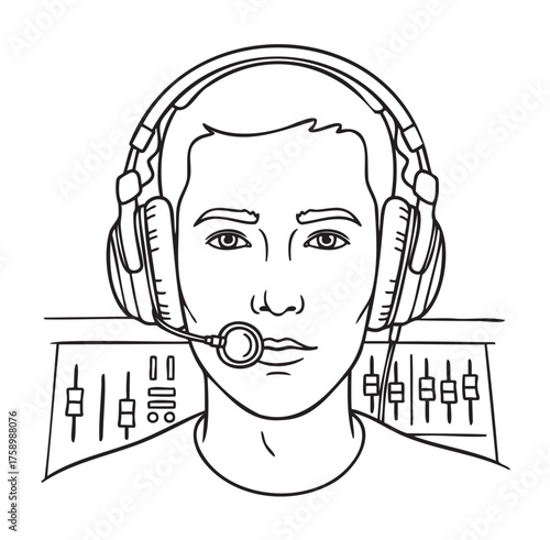 Outline drawing of a young caucasian male sound technician wearing headphones and a microphone, with an audio mixing console in the background.