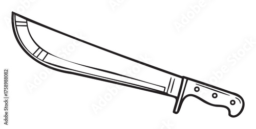 Black outline of a traditional machete knife with a sharp blade and a sturdy handle, depicted in a simple linear style.