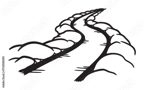 Black outline illustration of a winding path bordered by rows of abstract bushes, conveying a sense of journey and direction.