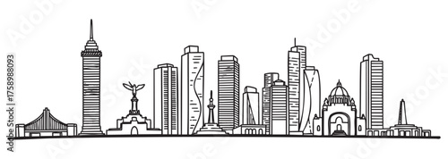 Black outline drawing of a city skyline featuring various skyscrapers and iconic architectural landmarks.