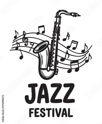 Black outline drawing of a saxophone surrounded by musical notes above the bold text "jazz festival".