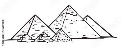 Black and white line drawing depicting a group of varied-sized pyramids, showcasing distinct angles and details, reminiscent of ancient architectural structures.