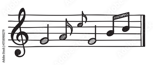 Black outline drawing of a musical staff with a treble clef and multiple musical notes arranged on the lines.
