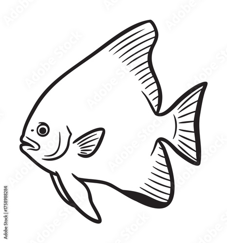 Black outline illustration of an angelfish with distinct fins and a simple body design, suitable for aquatic themes and educational purposes.