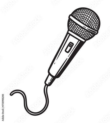 Black and white vector illustration of a classic handheld microphone with a long cord, depicted in a detailed linear style.
