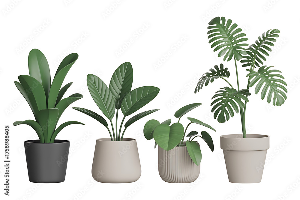 Fototapeta premium Assorted potted plants with vibrant green foliage, showcasing natural beauty and botanical diversity.