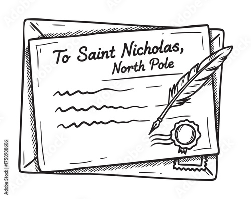 Hand-drawn black outline of a letter addressed to saint nicholas at the north pole, featuring a quill pen and a stamped envelope.
