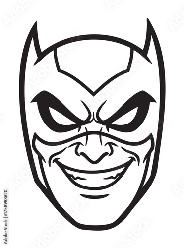 Bold black outline vector of a stylized superhero mask with pointy ears and mischievous expression.