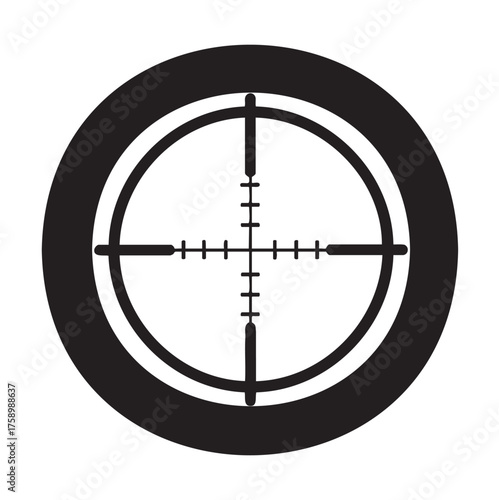 Black and white icon of a sniper scope crosshair with concentric circles and a detailed reticle pattern.