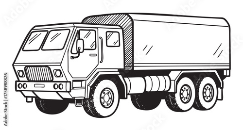 Black and white illustration of a military transport truck with a covered cargo area, detailed with bold lines and shading.