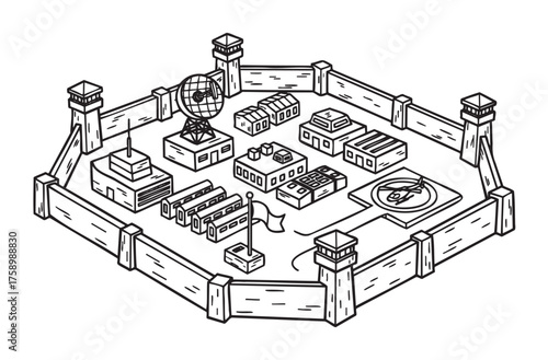 Isometric illustration of a fortified military complex with various buildings, a radar dish, a helipad, and surrounding high walls.
