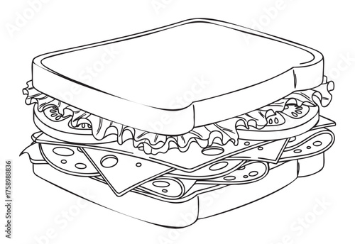 Black outline drawing of a layered sandwich with visible slices of bread, lettuce, cheese, and tomato.