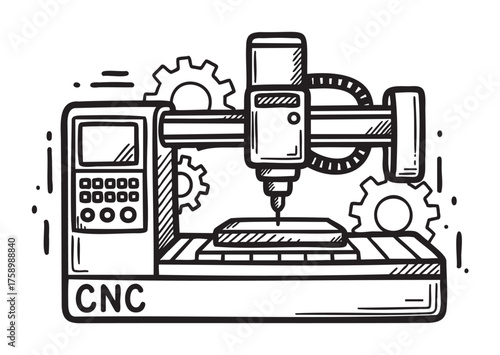 Black outline drawing of a cnc machine with gears and a control panel, used for precise machining operations in manufacturing.