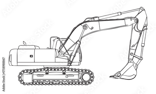Black outline drawing of a detailed hydraulic excavator with articulated arm and tracked chassis, showcasing mechanical components and design.