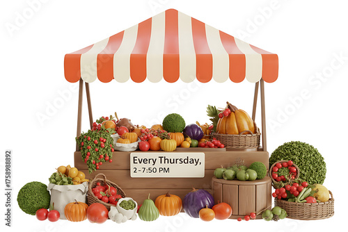 Colorful market stall displays fresh produce, inviting shoppers for a weekly Thursday event.